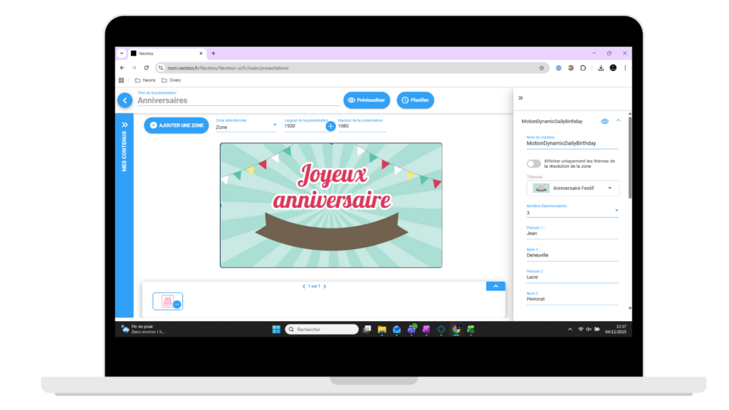 Réglages vidéo paramétrable anniversaire