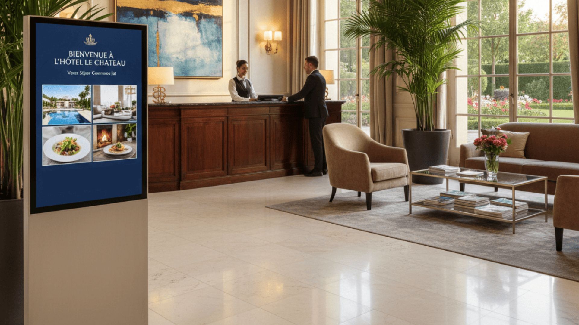 Affichage dynamique hôtellerie accueil totem